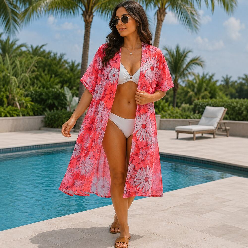 Topshop Floral Kimono Swim Cover Up Small Neon Pink Sheer Beach Resort Boho